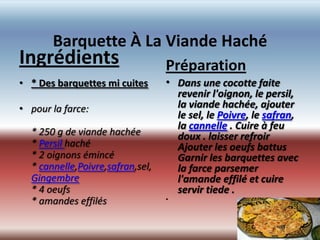 Barquette À La Viande Haché
Ingrédients                       Préparation
• * Des barquettes mi cuites      • Dans une cocotte faite
                                    revenir l'oignon, le persil,
• pour la farce:                    la viande hachée, ajouter
                                    le sel, le Poivre, le safran,
                                    la cannelle . Cuire à feu
  * 250 g de viande hachée          doux . laisser refroir
  * Persil haché                    Ajouter les oeufs battus
  * 2 oignons émincé                Garnir les barquettes avec
  * cannelle,Poivre,safran,sel,     la farce parsemer
  Gingembre                         l'amande effilé et cuire
  * 4 oeufs                         servir tiede .
  * amandes effilés               •
 