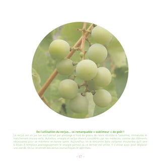 De l’utilisation du verjus… ce remarquable « sublimeur » de goût !
Le verjus est un jus (un suc) extrait par pressage à froid de grains de raisin récoltés à l'automne, immatures et
franchement encore verts. Autrefois, vinaigre et verjus étaient considérés par les médecins comme des éléments
nécessaires pour se maintenir en bonne santé. Aujourd'hui, on le rencontre dans certaines moutardes qu'il sert
à diluer. Il remplace avantageusement le vinaigre partout où ce dernier est utilisé. Il s'utilise aussi pour déglacer
une viande. On lui reconnaît des vertus stomachiques et apéritives.


                                                       - 12 -
 