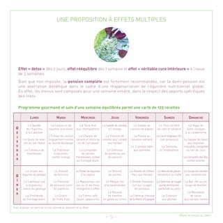 UNE PROPOSITION À EFFETS MULTIPLES




       Effet « detox » dès 2 jours, effet rééquilibre dès 1 semaine et effet « véritable cure intérieure » à l’issue
       de 3 semaines.
       Bien que non imposée, la pension complète est fortement recommandée, car la demi-pension est
       une aberration diététique dans le cadre d’une réappropriation de l’équilibre nutritionnel global.
       En effet, les menus sont composés pour une semaine entière, dans le respect des apports spécifiques
       des mets.

       Programme gourmand et sain d’une semaine équilibrée parmi une carte de 125 recettes

               LUNDI                   MARDI                  MERCREDI               JEUDI              VENDREDI               SAMEDI                DIMANCHE

             La Salade            Le Carpaccio de        La Tarte fine   La Salade de carottes         La Salade de        Le Thon torréfié           La Nage de
  D        de chipirons          saumon aux olives aux champignons            à l’orange             cuisses de pigeon    au café et sésame         Saint-Jacques
  É        à la Catalane                  -                   -                    -                          -                     -              à la cardamome
  J               -             L’Échine de cochon      La Charpie de       La Poitrine de              La Paella au     Le Carré d’agneau rôti,            -
         Le Quasi de veau       longuement confite canard et lièvre au volaille des Landes            bouillon safrané      tian provençal       La Salade de bœuf
  E
         rôti au lait réduit    au four de boulanger vin de l’an passé       aux herbes                       -                     -                aux légumes
  U               -                       -                   -                    -                 Le Crumble tiède         La Semoule         croquants, vinaigrette
  N       Le Crémeux de             La Fraîcheur        La Compotée          Le Crémeux                aux pommes           à l’Impératrice         au lait de coco
  E         framboises               d’agrumes,           de cerises      de poires au jus                                                                  -
                                   sorbet orange     framboisées, sorbet      de passion                                                         La Compotée des îles,
  R
                                                      au fromage blanc                                                                              sorbet ananas


            La Soupe aux             Le Velouté          Le Panier de légumes       Le Velouté     La Raviole de chèvre Le Velouté de panais La Soupe de carottes
         légumes du potager         de brocolis              à la vapeur            de potiron       frais aux herbes    rafraîchi à la truffe aux clémentines
  D
                   -                      -                        -                     -                    -                    -                    -
   Î      Le Cabillaud cuit         Le Panaché           Le Maquereau cuit        Le Maigre rôti    L’Omble Chevalier La Tarte fine de rouget, Le Bar rôti au vin
  N         à la plancha,        de poissons cuits       sur un lit de chou,     à la salamandre      cuit sur rougail     purée de brocolis   rouge de Bachen
  E       sauce au galanga          en papillote         vinaigrette truffée             -              de poireaux       parfumée au curry             -
                   -                      -                        -                La Mousse                 -                    -             Le Mousseux
  R
            La Profiterole           Le Gratin              La Crème café           de menthe      La Crème au chocolat      Le Clafoutis           de cacao
          au fromage blanc         de fruits frais        façon cappuccino      en gelée au citron de la Reine d’Espagne     aux pêches        aux cerises noires

Pour le plaisir, un verre de vin est autorisé au déjeuner et au dîner.


                                                                                                                                            Rillette de poisson au raifort
                                                                                  - 5 -
 