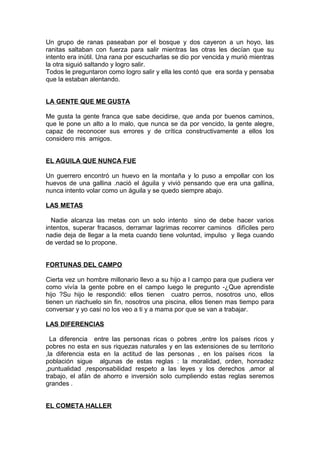 Un grupo de ranas paseaban por el bosque y dos cayeron a un hoyo, las
ranitas saltaban con fuerza para salir mientras las otras les decían que su
intento era inútil. Una rana por escucharlas se dio por vencida y murió mientras
la otra siguió saltando y logro salir.
Todos le preguntaron como logro salir y ella les contó que era sorda y pensaba
que la estaban alentando.
LA GENTE QUE ME GUSTA
Me gusta la gente franca que sabe decidirse, que anda por buenos caminos,
que le pone un alto a lo malo, que nunca se da por vencido, la gente alegre,
capaz de reconocer sus errores y de crítica constructivamente a ellos los
considero mis amigos.
EL AGUILA QUE NUNCA FUE
Un guerrero encontró un huevo en la montaña y lo puso a empollar con los
huevos de una gallina .nació el águila y vivió pensando que era una gallina,
nunca intento volar como un águila y se quedo siempre abajo.
LAS METAS
Nadie alcanza las metas con un solo intento sino de debe hacer varios
intentos, superar fracasos, derramar lagrimas recorrer caminos difíciles pero
nadie deja de llegar a la meta cuando tiene voluntad, impulso y llega cuando
de verdad se lo propone.
FORTUNAS DEL CAMPO
Cierta vez un hombre millonario llevo a su hijo a l campo para que pudiera ver
como vivía la gente pobre en el campo luego le pregunto -¿Que aprendiste
hijo ?Su hijo le respondió: ellos tienen cuatro perros, nosotros uno, ellos
tienen un riachuelo sin fin, nosotros una piscina, ellos tienen mas tiempo para
conversar y yo casi no los veo a ti y a mama por que se van a trabajar.
LAS DIFERENCIAS
La diferencia entre las personas ricas o pobres ,entre los países ricos y
pobres no esta en sus riquezas naturales y en las extensiones de su territorio
,la diferencia esta en la actitud de las personas , en los países ricos la
población sigue algunas de estas reglas : la moralidad, orden, honradez
,puntualidad ,responsabilidad respeto a las leyes y los derechos ,amor al
trabajo, el afán de ahorro e inversión solo cumpliendo estas reglas seremos
grandes .
EL COMETA HALLER
 