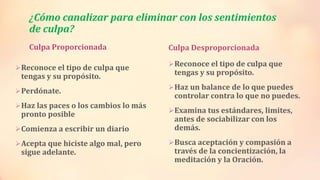 ¿Cómo canalizar para eliminar con los sentimientos
de culpa?
Culpa Proporcionada
Reconoce el tipo de culpa que
tengas y su propósito.
Perdónate.
Haz las paces o los cambios lo más
pronto posible
Comienza a escribir un diario
Acepta que hiciste algo mal, pero
sigue adelante.
Culpa Desproporcionada
Reconoce el tipo de culpa que
tengas y su propósito.
Haz un balance de lo que puedes
controlar contra lo que no puedes.
Examina tus estándares, limites,
antes de sociabilizar con los
demás.
Busca aceptación y compasión a
través de la concientización, la
meditación y la Oración.
 