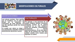 MODIFICACIONES CULTURALES
MODIFICACIONES
Las culturas cambian. Esto significa
que se modifican con el paso del
tiempo por la influencia de
costumbres de otras latitudes, sin
que ello signifique perder las raíces
culturales.
Un pueblo que valora su origen y
sus expresiones culturales incorpora
positivamente elementos nuevos.
CULTURALES
Por ejemplo, si las personas de un
pueblo indígena deciden incorporar
productos propios de la cultura
occidental en su vida cotidiana,
como los celulares, computadoras,
Smartphone y demás
electrodomésticos, no por ello deben
dejar de ser quienes son; más bien
pueden usarlos como medios para
expresar su cultura.
 