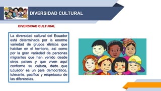 DIVERSIDAD CULTURAL
La diversidad cultural del Ecuador
está determinada por la enorme
variedad de grupos étnicos que
habitan en el territorio, así como
por la gran variedad de personas
migrantes que han venido desde
otros países y que viven aquí
conforme su cultura, dado que
Ecuador es un país democrático,
tolerante, pacífico y respetuoso de
las diferencias.
DIVERSIDAD CULTURAL
 