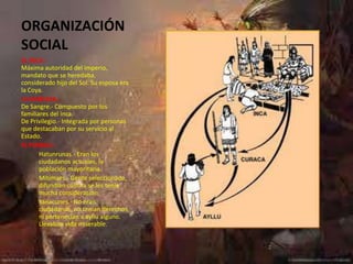 ORGANIZACIÓN
SOCIAL
EL INCA.-
Máxima autoridad del imperio,
mandato que se heredaba,
considerado hijo del Sol. Su esposa era
la Coya.
LA NOBLEZA.-
De Sangre.- Compuesto por los
familiares del Inca.
De Privilegio.- Integrada por personas
que destacaban por su servicio al
Estado.
EL PUEBLO.-
       Hatunrunas.- Eran los
       ciudadanos actuales, la
       población mayoritaria.
       Mitimaes.- Gente seleccionada,
       difundían cultura se les tenía
       mucha consideración.
       Yanacunes.- No eran
       ciudadanos, no tenían derechos,
       ni pertenecían a ayllu alguno.
       Llevaban vida miserable.
 