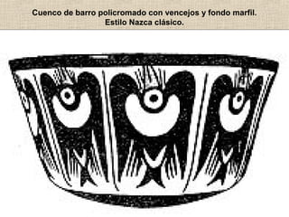 Cuenco de barro policromado con vencejos y fondo marfil.
Estilo Nazca clásico.

 