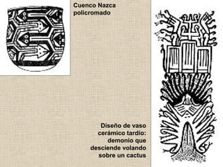 Cuenco Nazca
policromado

Diseño de vaso
cerámico tardío:
demonio que
desciende volando
sobre un cactus

 