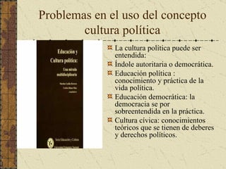 Problemas en el uso del concepto cultura política La cultura política puede ser entendida:  Índole autoritaria o democrática. Educación política : conocimiento y práctica de la vida política. Educación democrática: la democracia se por sobreentendida en la práctica. Cultura cívica: conocimientos teóricos que se tienen de deberes y derechos políticos. 