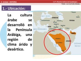 TEMA: «LA CULTURA ÁRABE»
II- Unidad : HISTORIA I.E.P «Nuestra Señora de Guadalupe»
1.- Ubicación:
La cultura
árabe se
desarrolló en
la Península
Arábiga, una
región de
clima árido y
desértico.
 