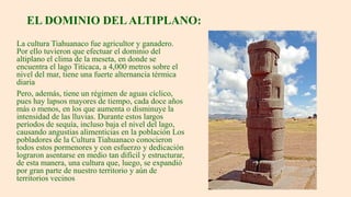 EL DOMINIO DELALTIPLANO:
La cultura Tiahuanaco fue agricultor y ganadero.
Por ello tuvieron que efectuar el dominio del
altiplano el clima de la meseta, en donde se
encuentra el lago Titicaca, a 4,000 metros sobre el
nivel del mar, tiene una fuerte alternancia térmica
diaria
Pero, además, tiene un régimen de aguas cíclico,
pues hay lapsos mayores de tiempo, cada doce años
más o menos, en los que aumenta o disminuye la
intensidad de las lluvias. Durante estos largos
períodos de sequía, incluso baja el nivel del lago,
causando angustias alimenticias en la población Los
pobladores de la Cultura Tiahuanaco conocieron
todos estos pormenores y con esfuerzo y dedicación
lograron asentarse en medio tan difícil y estructurar,
de esta manera, una cultura que, luego, se expandió
por gran parte de nuestro territorio y aún de
territorios vecinos
 