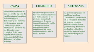 CAZA
Practicaron actividades de
caza sea con las especies de
camélidos (auquénidos) que
no habían logrado
domesticar y que pastaban
por la meseta, o también
con otras especies de
animales que habitaban en
los diferentes pisos
ecológicos de las otras
regiones en los que los
pobladores de la Cultura
Tiahuanaco se habían
asentado.
COMERCIO
El comercio lo practicaron en
base a sus productos de charqui
y de chuño, así como de sus
productos artesanales, los
cuales a modo de trueque
intercambiaron con los pueblos
y regiones con los que
establecieron contacto,
especialmente con los del
medio marítimo del norte de
Chile y del Perú.
ARTESANIA
La expresión artesanal del
pueblo de la cultura
Tiahuanaco la encontramos
en la confección de mantos
de lana que presentan
decoraciones de figuras
geométricas y de animales
estilizados, así también
estatuillas, vasos y huacos
que difundieron por los
lugares .
 