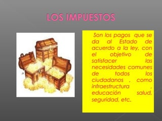 Son los pagos que se
da al Estado de
acuerdo a la ley, con
el
objetivo
de
satisfacer
las
necesidades comunes
de
todos
los
ciudadanos , como
infraestructura
,
educación
salud,
seguridad, etc.

 