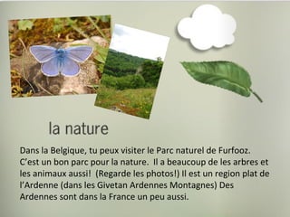 Dans la Belgique, tu peux visiter le Parc naturel de Furfooz.
C’est un bon parc pour la nature. Il a beaucoup de les arbres et
les animaux aussi! (Regarde les photos!) Il est un region plat de
l’Ardenne (dans les Givetan Ardennes Montagnes) Des
Ardennes sont dans la France un peu aussi.
 