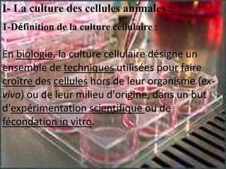 I- La culture des cellules animales :
1-Définition de la culture cellulaire :

En biologie, la culture cellulaire désigne un
ensemble de techniques utilisées pour faire
croître des cellules hors de leur organisme (ex-
vivo) ou de leur milieu d'origine, dans un but
d'expérimentation scientifique ou de
fécondation in vitro.
 