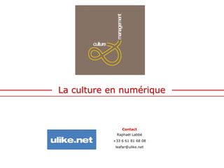La culture en numérique Contact Raphaël Labbé +33 6 61 81 68 08 leafar@ulike.net 