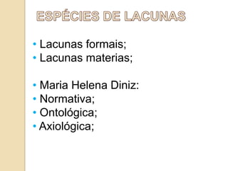 • Lacunas formais;
• Lacunas materias;
• Maria Helena Diniz:
• Normativa;
• Ontológica;
• Axiológica;

 