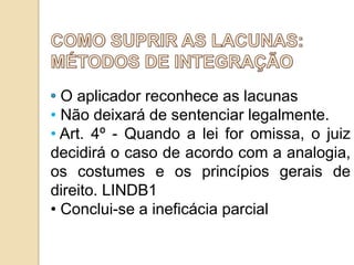 O aplicador reconhece as lacunas
• Não deixará de sentenciar legalmente.
• Art. 4º - Quando a lei for omissa, o juiz
decidirá o caso de acordo com a analogia,
os costumes e os princípios gerais de
direito. LINDB1
• Conclui-se a ineficácia parcial

 