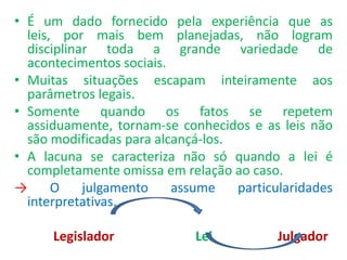 • É um dado fornecido pela experiência que as
leis, por mais bem planejadas, não logram
disciplinar toda a grande variedade de
acontecimentos sociais.
• Muitas situações escapam inteiramente aos
parâmetros legais.
• Somente quando os fatos se repetem
assiduamente, tornam-se conhecidos e as leis não
são modificadas para alcançá-los.
• A lacuna se caracteriza não só quando a lei é
completamente omissa em relação ao caso.
→ O julgamento assume particularidades
interpretativas.
Legislador Lei Julgador
 