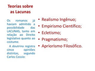 Teorias sobre
as Lacunas
• Realismo Ingênuo;
• Empirismo Científico;
• Ecletismo;
• Pragmatismo;
• Apriorismo Filosófico.
Os romanos já
haviam admitido a
possibilidade das
LACUNAS, tanto em
relação ao Direito
legislativo quanto ao
costume.
A doutrina registra
cinco opiniões
distintas, segundo
Carlos Cossio:
 