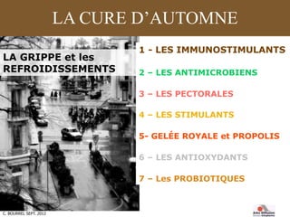 C. BOURREL SEPT. 2012
LA GRIPPE et les
REFROIDISSEMENTS
LA CURE D’AUTOMNE
1 - LES IMMUNOSTIMULANTS
2 – LES ANTIMICROBIENS
...