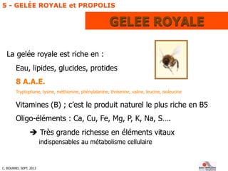 C. BOURREL SEPT. 2012
La gelée royale est riche en :
Eau, lipides, glucides, protides
8 A.A.E.
Tryptophane, lysine, méthio...