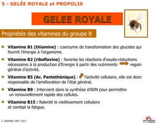 C. BOURREL SEPT. 2012
GELEE ROYALE
Propriétés des vitamines du groupe B
Vitamine B1 (thiamine) : coenzyme de transformatio...