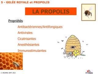 C. BOURREL SEPT. 2012
Propriétés
Antibactériennes/Antifongiques
Antivirales
Cicatrisantes
Anesthésiantes
Immunostimulantes...