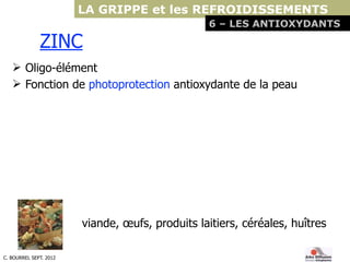 C. BOURREL SEPT. 2012
ZINC
 Oligo-élément
 Fonction de photoprotection antioxydante de la peau
viande, œufs, produits la...