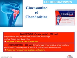 C. BOURREL SEPT. 2012
Glucosamine
et
Chondroïtine
LES RHUMATISMES
GLUCOSAMINE (d’origine marine) : 750 mg/j
Composant de b...