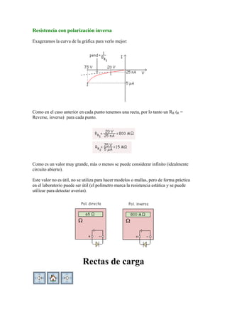 Resistencia con polarización inversa
Exageramos la curva de la gráfica para verlo mejor:
Como en el caso anterior en cada punto tenemos una recta, por lo tanto un RR (R =
Reverse, inversa) para cada punto.
Como es un valor muy grande, más o menos se puede considerar infinito (idealmente
circuito abierto).
Este valor no es útil, no se utiliza para hacer modelos o mallas, pero de forma práctica
en el laboratorio puede ser útil (el polímetro marca la resistencia estática y se puede
utilizar para detectar averías).
Rectas de carga
 