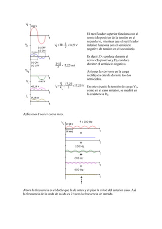 El rectificador superior funciona con el
semiciclo positivo de la tensión en el
secundario, mientras que el rectificador
inferior funciona con el semiciclo
negativo de tensión en el secundario.
Es decir, D1 conduce durante el
semiciclo positivo y D2 conduce
durante el semiciclo negativo.
Así pues la corriente en la carga
rectificada circula durante los dos
semiciclos.
En este circuito la tensión de carga VL,
como en el caso anterior, se medirá en
la resistencia RL.
Aplicamos Fourier como antes.
Ahora la frecuencia es el doble que la de antes y el pico la mitad del anterior caso. Así
la frecuencia de la onda de salida es 2 veces la frecuencia de entrada.
 