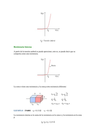 Resistencia Interna
A partir de la tensión umbral se puede aproximar, esto es, se puede decir que se
comporta como una resistencia.
La zona n tiene una resistencia y la zona p otra resistencia diferente:
EJEMPLO: 1N4001 rp= 0.13 rn = 0.1
La resistencia interna es la suma de la resistencia en la zona n y la resistencia en la zona
p.
 
