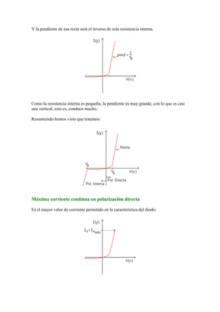 Y la pendiente de esa recta será el inverso de esta resistencia interna.
Como la resistencia interna es pequeña, la pendiente es muy grande, con lo que es casi
una vertical, esto es, conduce mucho.
Resumiendo hemos visto que tenemos:
Máxima corriente continua en polarización directa
Es el mayor valor de corriente permitido en la característica del diodo:
 