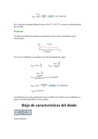 Se ve que hay una gran diferencia entre 16.43 V y 10.57 V con esto se detectaría que
hay un fallo.
D abierto
Al abrirse un diodo un semiciclo no funciona, esto lo vemos claramente con el
osciloscopio :
Si se usa el voltímetro se consigue este valor de tensión de carga:
La diferencia no es muy grande por lo que es difícil ver el fallo con el voltímetro, es
mejor el osciloscopio para ver estos errores.
Hoja de características del diodo
Antes teníamos:
 