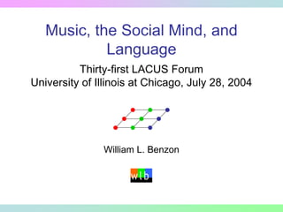 Music, the Social Mind, and
Language
Thirty-first LACUS Forum
University of Illinois at Chicago, July 28, 2004
wl b
William L. Benzon
 