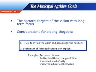 The Municipal Agridev   Goals The sectoral targets of the vision with long term focus Considerations for stating thegoals: How to attain the vision and accomplish the mission? 2. Statement of intended outcome or impact? Examples: Increased income better health for the population increased productivity improved educational services 