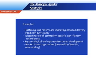 The Municipal Agridev Strategies Examples: - Hastening land reform and improving services delivery -  Food self-sufficiency -  Dissemination of commodity-specific agri-fishery technologies - Agro-ecological and agro-system based development - Market-based approaches (commodity-Specific,  value-adding) 
