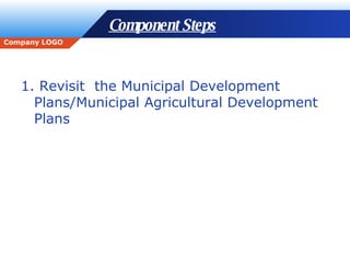Component Steps 1. Revisit  the Municipal Development Plans/Municipal Agricultural Development Plans 