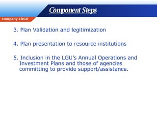Component Steps 3. Plan Validation and legitimization 4. Plan presentation to resource institutions 5. Inclusion in the LGU’s Annual Operations and Investment Plans and those of agencies committing to provide support/assistance. 