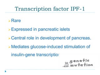 Transcription factor IPF-1 
Rare 
Expressed in pancreatic islets 
Central role in development of pancreas. 
Mediates glucose-induced stimulation of 
insulin-gene transcription 
 