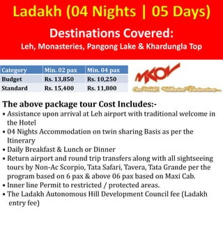 Destinations Covered:
Leh, Monasteries, Pangong Lake & Khardungla Top
Ladakh (04 Nights | 05 Days)
Category Min. 02 pax Min. 04 pax
Budget Rs. 13,850 Rs. 10,250
Standard Rs. 15,400 Rs. 11,800
The above package tour Cost Includes:-
• Assistance upon arrival at Leh airport with traditional welcome in
the Hotel
• 04 Nights Accommodation on twin sharing Basis as per the
Itinerary
• Daily Breakfast & Lunch or Dinner
• Return airport and round trip transfers along with all sightseeing
tours by Non-Ac Scorpio, Tata Safari, Tavera, Tata Grande per the
program based on 6 pax & above 06 pax based on Maxi Cab.
• Inner line Permit to restricted / protected areas.
• The Ladakh Autonomous Hill Development Council fee (Ladakh
entry fee)
 