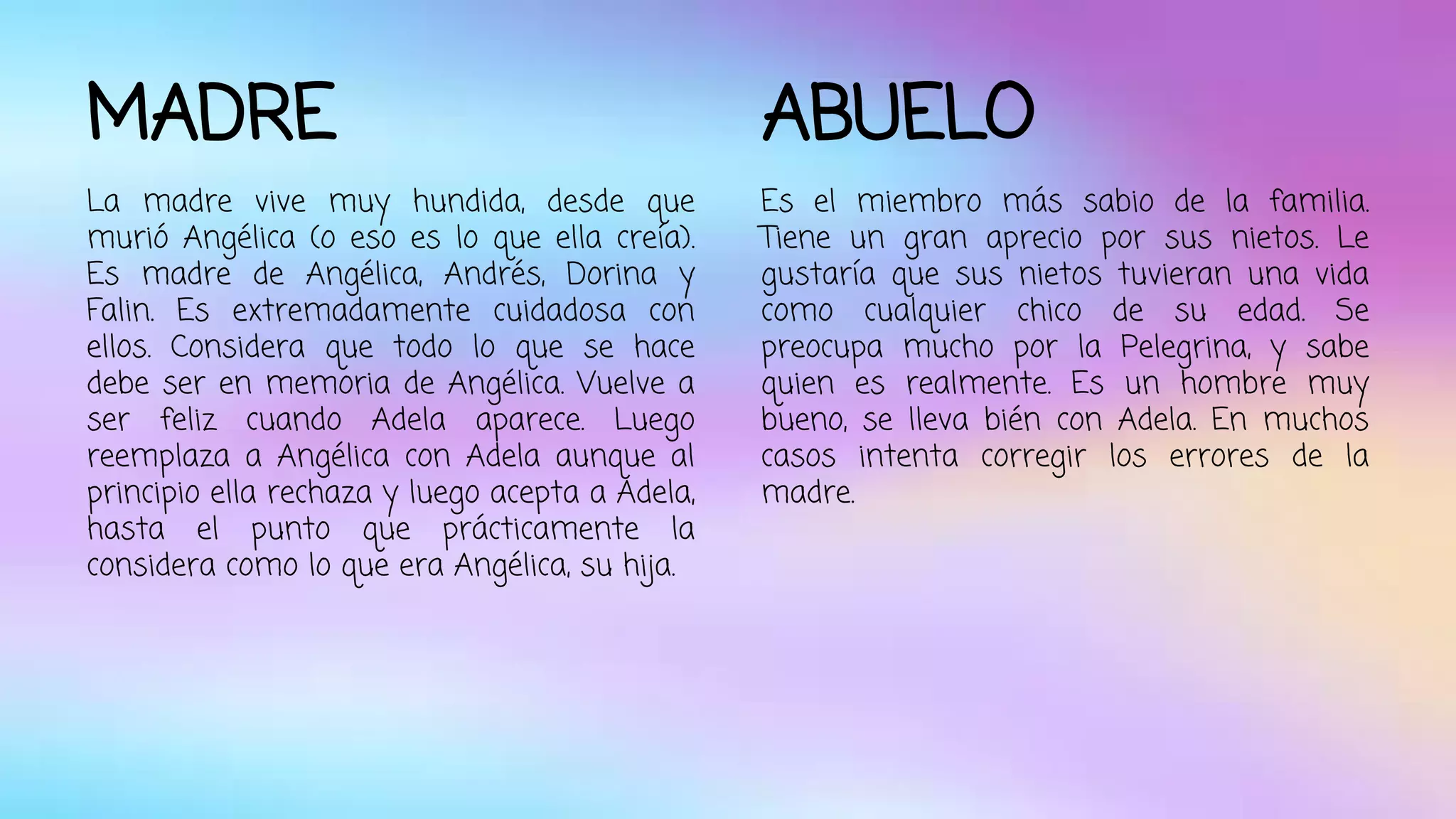 MADRE 
La madre vive muy hundida, desde que 
murió Angélica (o eso es lo que ella creía). 
Es madre de Angélica, Andrés, Dorina y 
Falin. Es extremadamente cuidadosa con 
ellos. Considera que todo lo que se hace 
debe ser en memoria de Angélica. Vuelve a 
ser feliz cuando Adela aparece. Luego 
reemplaza a Angélica con Adela aunque al 
principio ella rechaza y luego acepta a Adela, 
hasta el punto que prácticamente la 
considera como lo que era Angélica, su hija. 
ABUELO 
Es el miembro más sabio de la familia. 
Tiene un gran aprecio por sus nietos. Le 
gustaría que sus nietos tuvieran una vida 
como cualquier chico de su edad. Se 
preocupa mucho por la Pelegrina, y sabe 
quien es realmente. Es un hombre muy 
bueno, se lleva bién con Adela. En muchos 
casos intenta corregir los errores de la 
madre. 
 