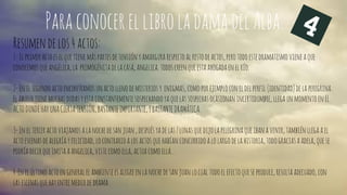 Para conocer el libro la dama del Alba. 
Resumen de los 4 actos: 
1- El primer acto es el que tiene más partes de tensión y amargura respecto al resto de actos, pero todo este dramatismo viene a que 
conocemos que angélica, la primogénita de la casa, angelica. todos creen que esta ahogada en el río. 
2- En el segundo acto encontramos un acto lleno de misterios y enigmas, como por ejemplo con el del perfil (identidad) de la peregrina. 
El abuelo tiene muchas dudas y esta constantemente sospechando ya que las sospechas ocasionan incertidumbre, llega un momento en EL 
ACTO DONDE HAY UNA CIERTA TENSIÓN, BASTANTE IMPORTANTE, Y BASTANTE DRAMÁTICA. 
3- En el tercer acto viajamos a la noche de san juan , después ya de las 7 lunas que dijo la pelegrina que iban a venir, también llega a el 
acto escenas de alegría y felicidad, lo contrario a los actos que habían concurrido a lo largo de la historia, todo gracias a adela, que se 
podría decir que imita a angelica, viste como ella, actua como ella… 
4-En el último acto en general el ambiente es alegre en la noche de san juan lo cual todo el efecto que se produce, resulta adecuado, con 
las escenas que hay entre medio de drama. 
 