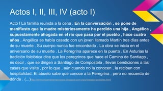 Actos I, II, III, IV (acto I) 
Acto I La familia reunida a la cena . En la conversación , se pone de 
manifiesto que la madre misteriosamente ha perdido una hija , Angélica , 
supuestamente ahogada en el río que pasa por el pueblo , hace cuatro 
años . Angélica se había casado con un joven llamado Martín tres días antes 
de su muerte . Su cuerpo nunca fue encontrado . La obra se inicia en el 
aniversario de su muerte . La Peregrina aparece en la puerta . En Asturias la 
tradición folclórica dice que los peregrinos que hace el Camino de Santiago , 
es decir , que se dirigen a Santiago de Compostela , llevan bendiciones a las 
casas que visita , por lo que , aún cuando no la conocen , la reciben con 
hospitalidad. El abuelo sabe que conoce a la Peregrina , pero no recuerda de 
dónde . (...)http://elrinconparalosmasvagos.blogspot.com.es/p/trabajos-posibles.html 
 