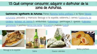 1.5 Qué comprar consumir, adquirir o disfrutar de la 
zona de Asturias. 
Gastonomia significante de Asturias: Panes (borona, bollos preñaos,...), la típica fabada 
asturiana, pescados y mariscos (besugo a la espalda, caldereta,...), carnes (caldereta de 
cordero, lechazo al horno,...), embutidos (sabadiego, pantruque,...), quesos (cabrales, 
gamonedo,...), postres (arroz con leche, frixuelos) y bebida (sidra). 
Besugo a la espalda Sidra Queso cabrales 
Bollos preñaos 
 