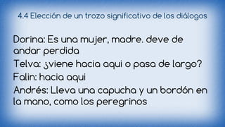 4.4 Elección de un trozo significativo de los diálogos 
Dorina: Es una mujer, madre. deve de 
andar perdida 
Telva: ¿viene hacia aqui o pasa de largo? 
Falin: hacia aqui 
Andrés: Lleva una capucha y un bordón en 
la mano, como los peregrinos 
 
