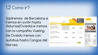 1.2 Como ir? 
Saldremos de Barcelona e 
iremos en avión hasta 
Asturias(Oviedo) e iremos 
con la compañia Vueling. 
De Oviedo iremos con 
autobus hasta Cangas del 
Narcea 
 