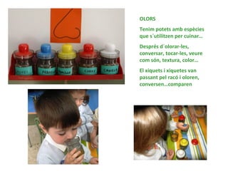 OLORS
Tenim potets amb espècies
que s´utilitzen per cuinar…
Després d´olorar-les,
conversar, tocar-les, veure
com són, textura, color…
El xiquets i xiquetes van
passant pel racó i oloren,
conversen…comparen
 