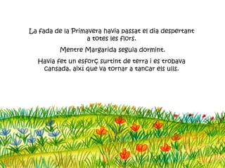 La fada de la Primavera havia passat el dia despertant
                  a totes les flors.
          Mentre Margarida seguia dormint.
  Havia fet un esforç surtint de terra i es trobava
   cansada, així que va tornar a tancar els ulls.
 