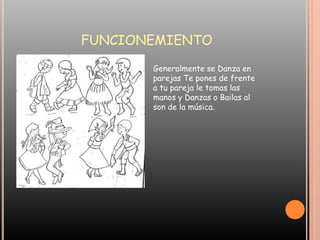 FUNCIONEMIENTOGeneralmente se Danza en parejas Te pones de frente a tu pareja le tomas las manos y Danzas o Bailas al son de la música.