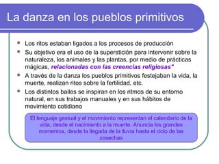 La danza en los pueblos primitivos






Los ritos estaban ligados a los procesos de producción
Su objetivo era el uso de la superstición para intervenir sobre la
naturaleza, los animales y las plantas, por medio de prácticas
mágicas, relacionadas con las creencias religiosas"
A través de la danza los pueblos primitivos festejaban la vida, la
muerte, realizan ritos sobre la fertilidad, etc.
Los distintos bailes se inspiran en los ritmos de su entorno
natural, en sus trabajos manuales y en sus hábitos de
movimiento cotidiano
El lenguaje gestual y el movimiento representan el calendario de la
vida, desde el nacimiento a la muerte. Anuncia los grandes
momentos, desde la llegada de la lluvia hasta el ciclo de las
cosechas

 